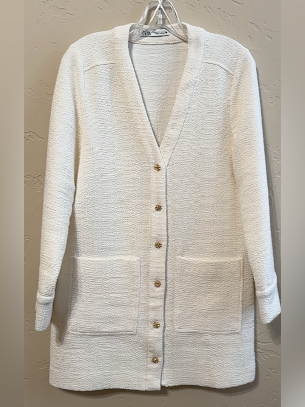 Zara Cream Long-Sleeve Textured Dress with Gold Buttons